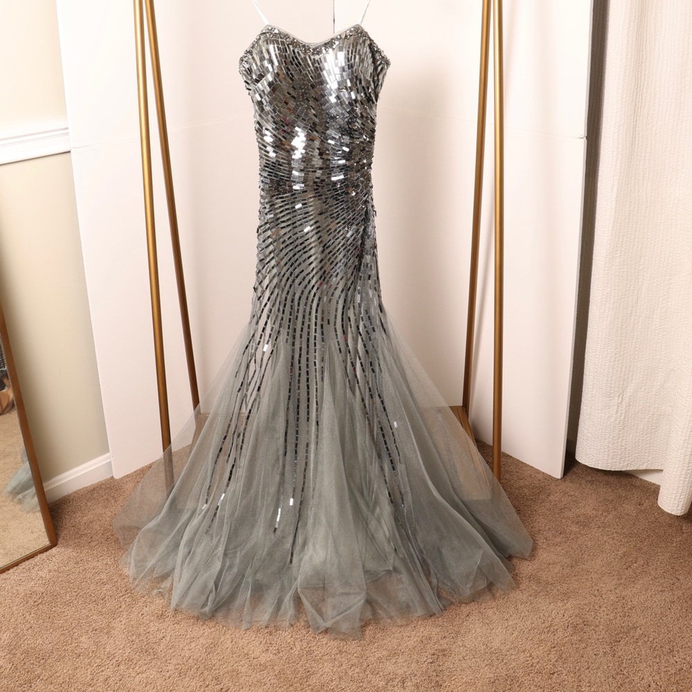 Camille La Vie Platinum Beaded Tulle Gown. Size 14